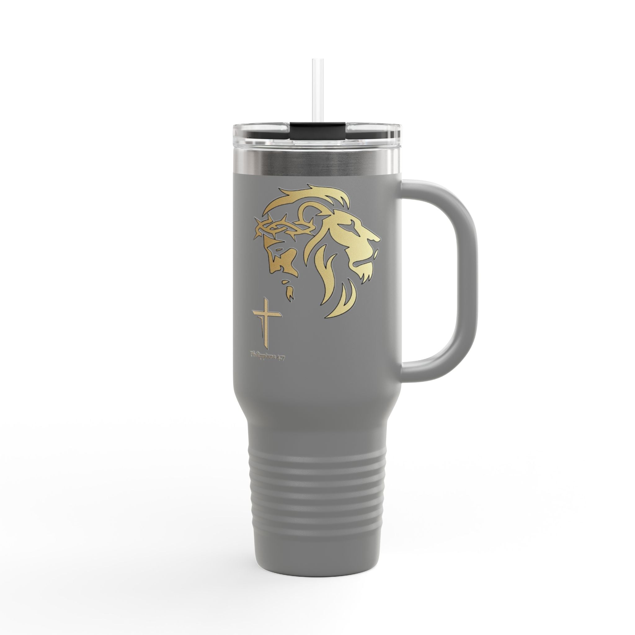 Silhouetted Lion of Judah & Crown of Thorns Jesus Insulated Travel Mug, 40oz - Indescribable Peace CreationsSilhouetted Lion of Judah & Crown of Thorns Jesus Insulated Travel Mug, 40ozMug