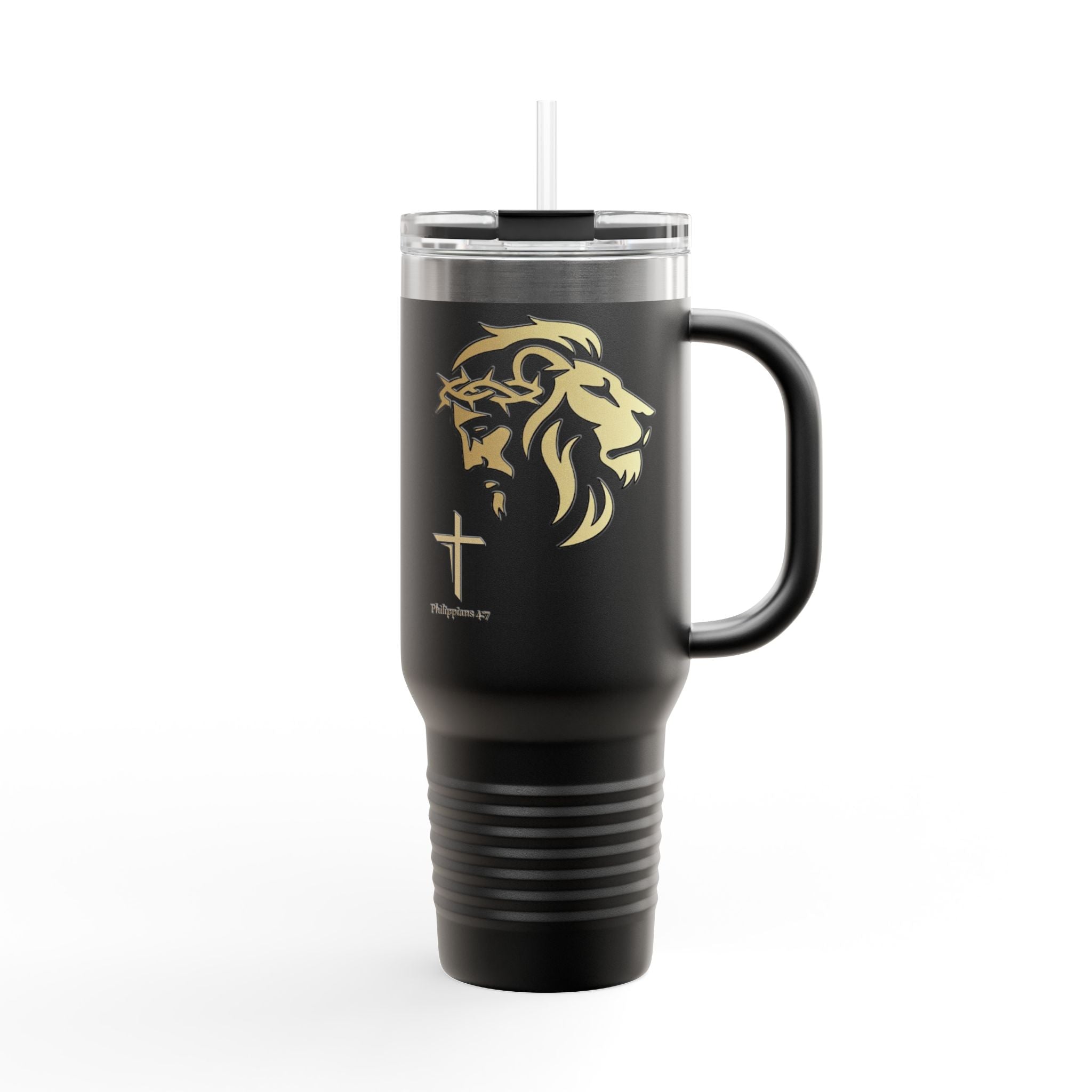 Silhouetted Lion of Judah & Crown of Thorns Jesus Insulated Travel Mug, 40oz - Indescribable Peace CreationsSilhouetted Lion of Judah & Crown of Thorns Jesus Insulated Travel Mug, 40ozMug