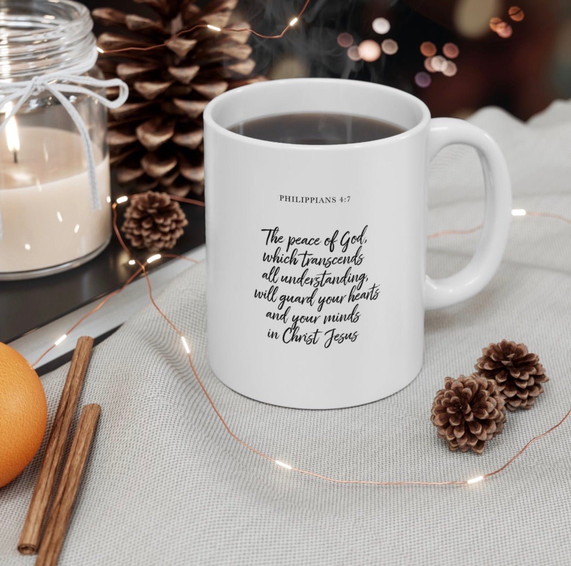 Philippians 4:7 Peace Scripture Ceramic Mug (11oz) with customizable outward side. - Indescribable Peace CreationsPhilippians 4:7 Peace Scripture Ceramic Mug (11oz) with customizable outward side.Mug