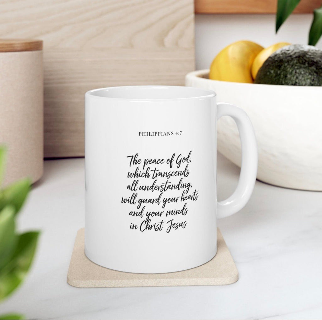 Philippians 4:7 Peace Scripture Ceramic Mug (11oz) with customizable outward side. - Indescribable Peace CreationsPhilippians 4:7 Peace Scripture Ceramic Mug (11oz) with customizable outward side.Mug